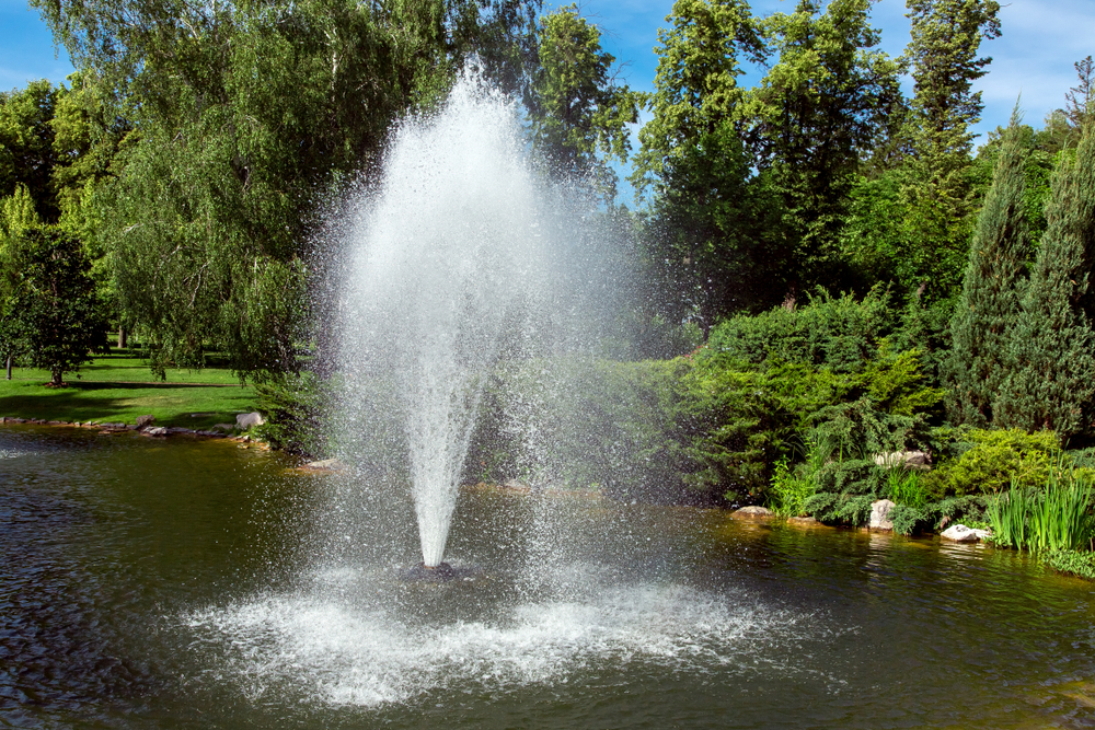 Dramatic fountain spray in a large pond